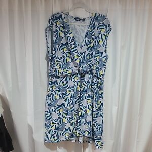 Lands' End Blue and Yellow Leaf Print Midi Dress